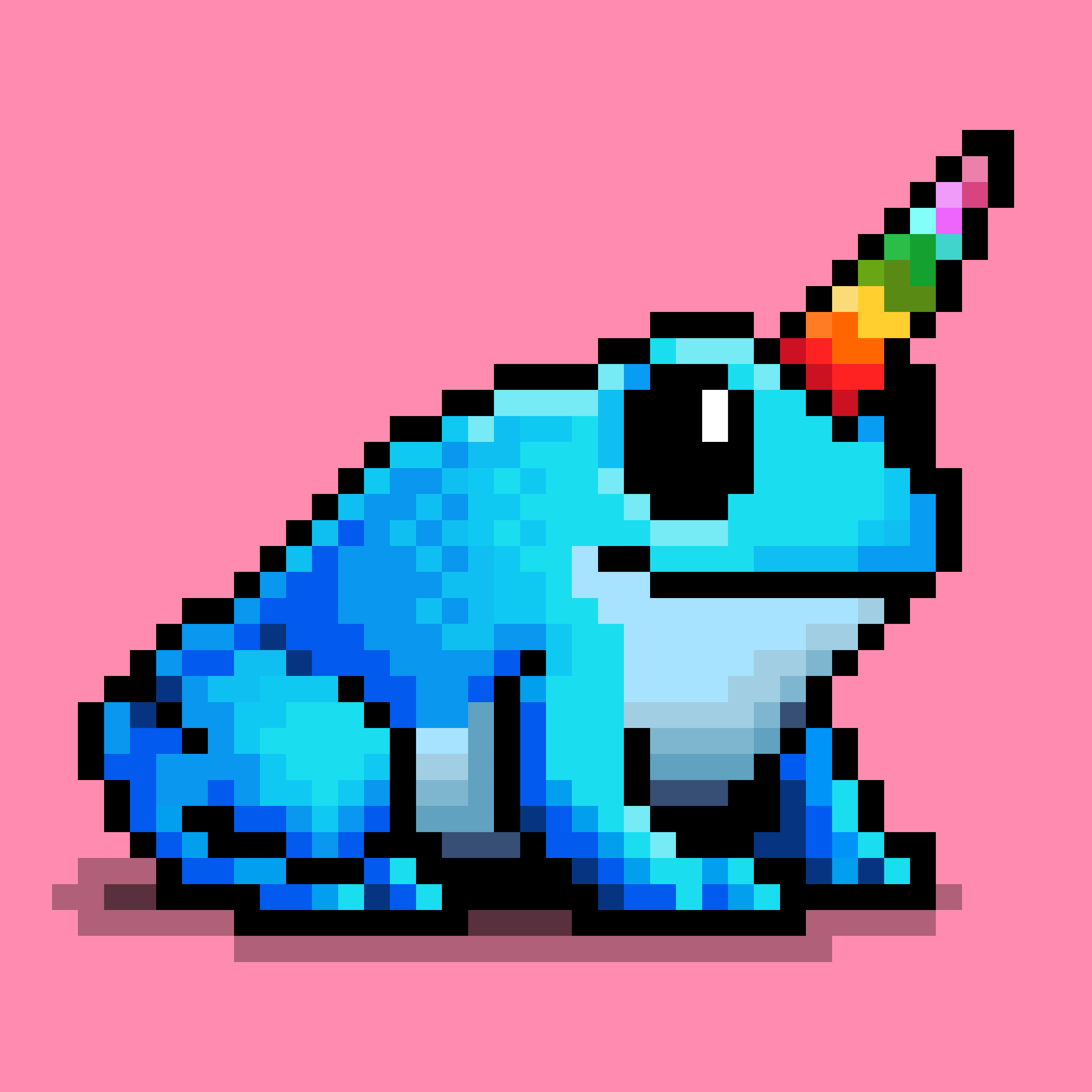 A blue rainbow unicorn Lil Sapos on pink.