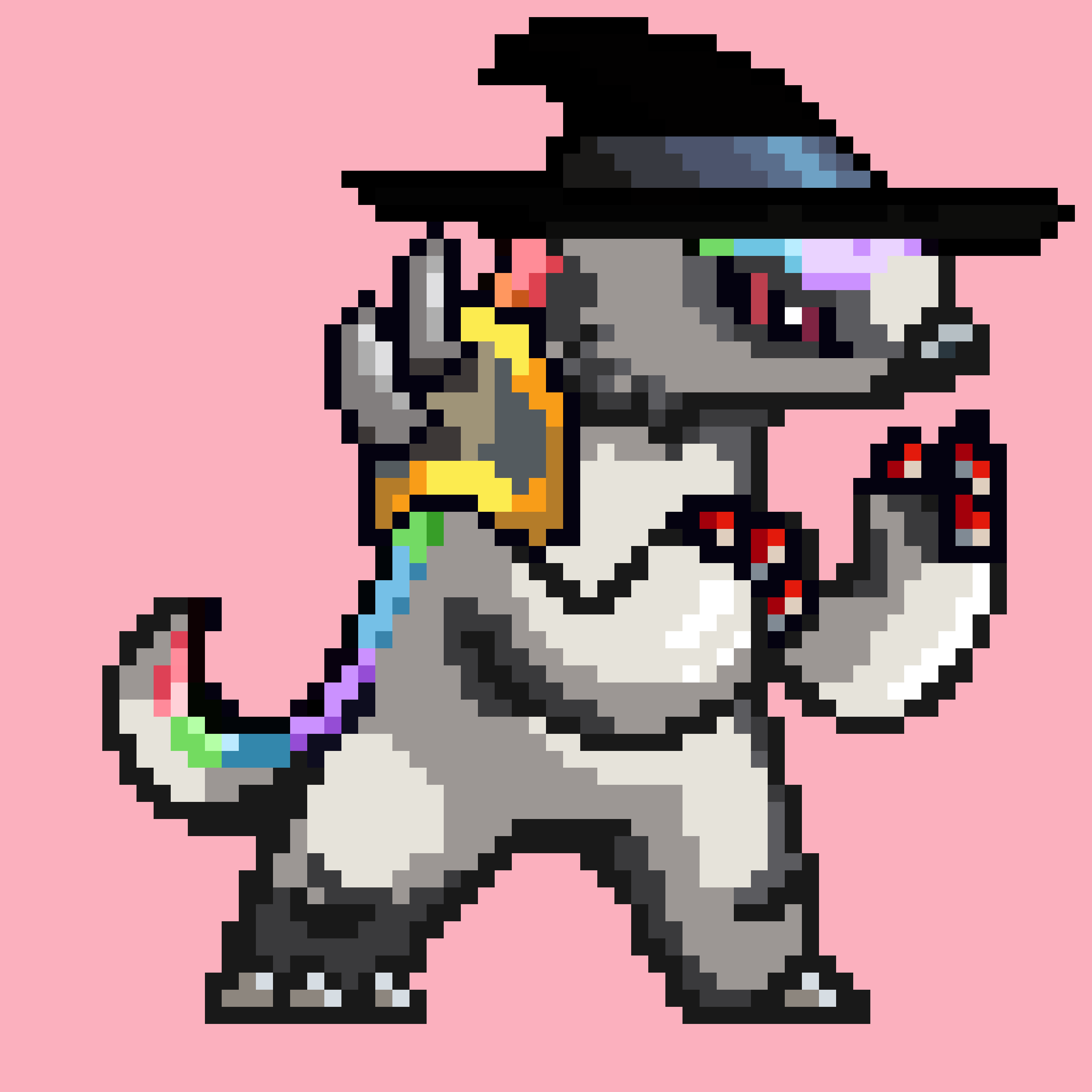 A grey with wizards hat and rainbow armour Honey Badgers on pink.