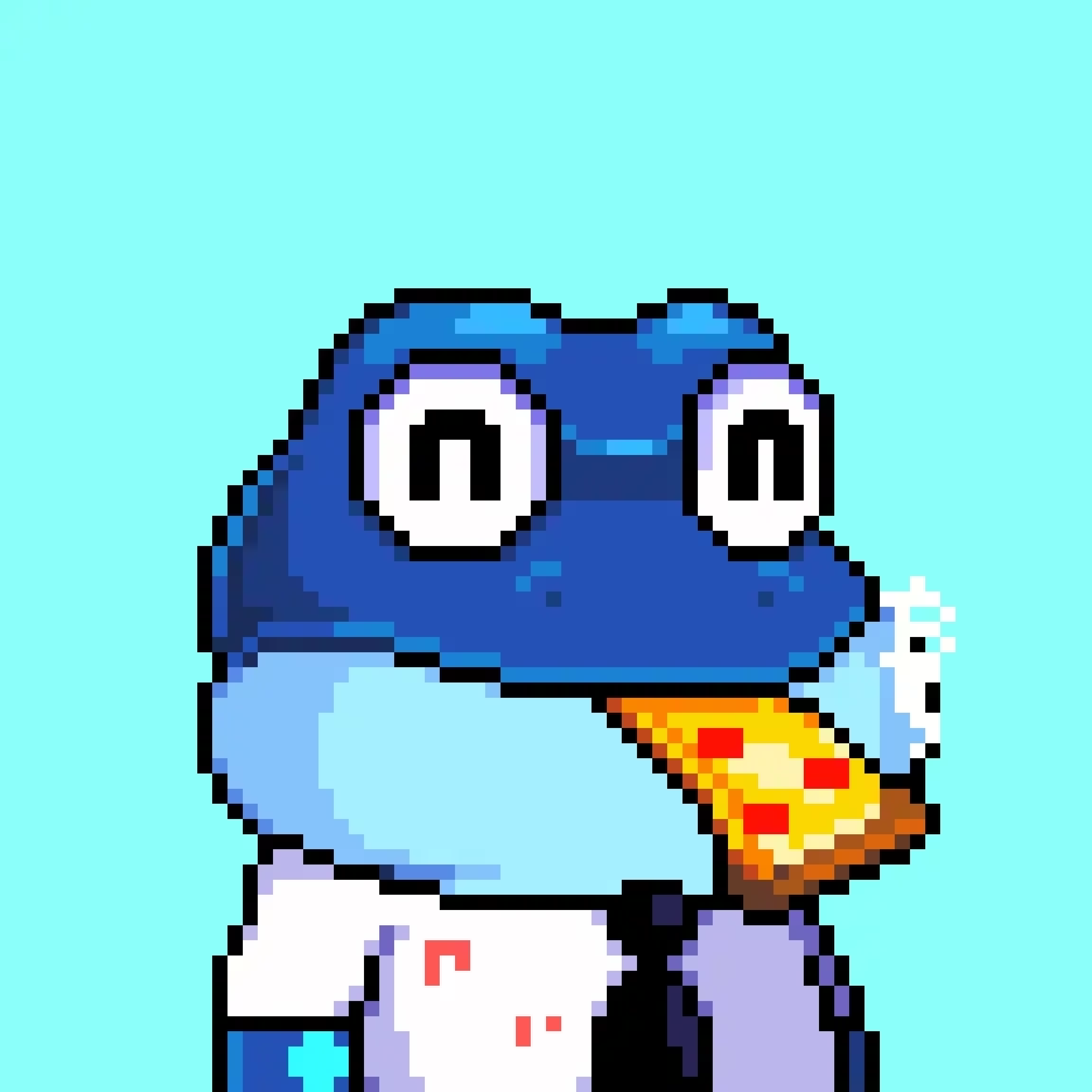 Bitcoin Frogs blue with pizza on a teal background.