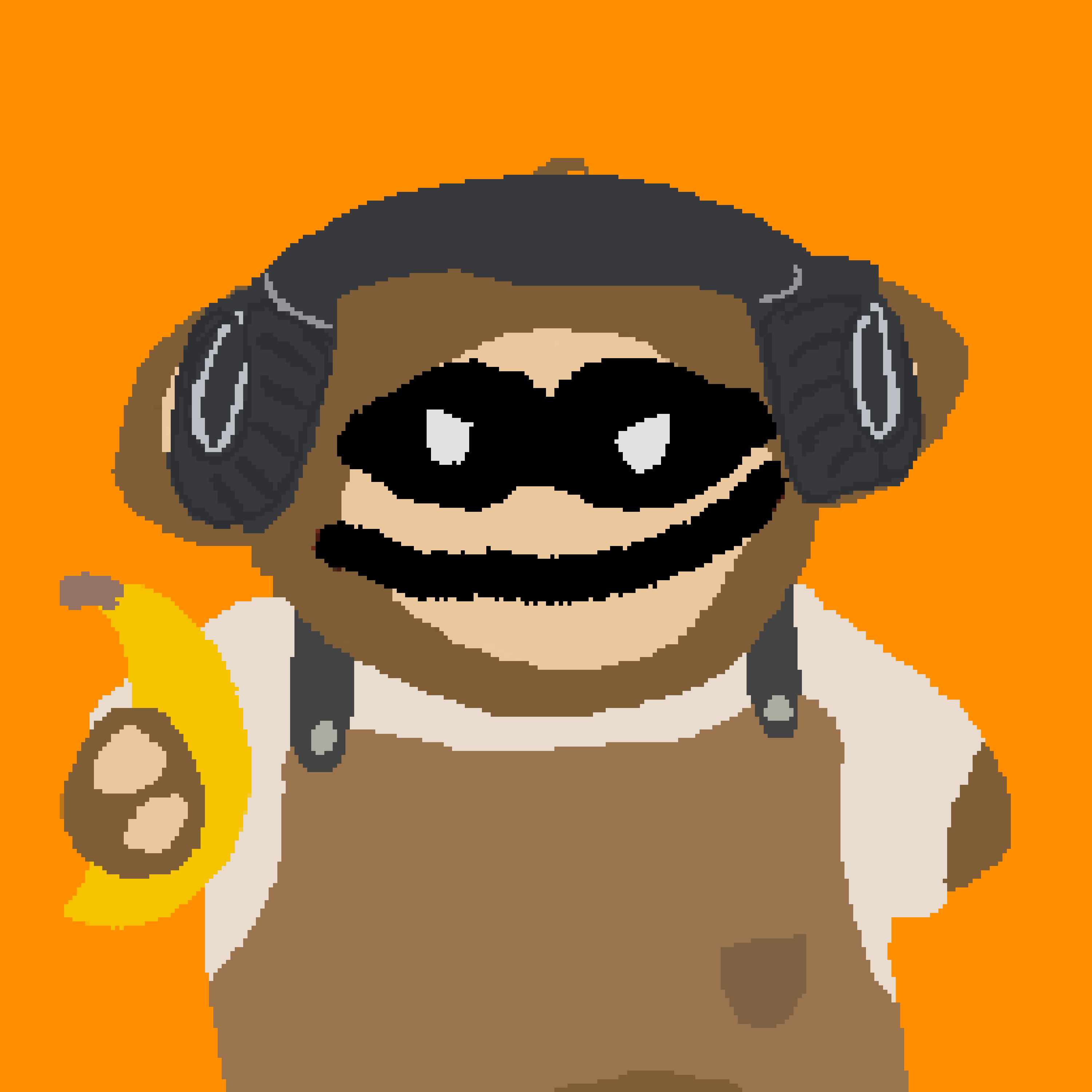 Overalls with headphones holding a banana Bitcoin Puppets on orange background.